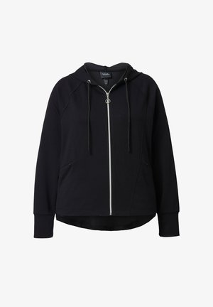 Sort hættetrøje med lynlås, hætte, forlommer og snore. Har en glat stofstruktur og en let buet kant.