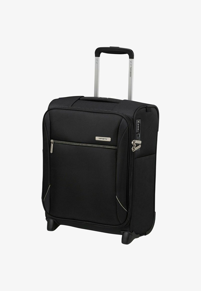 Valigia nera morbida con manico telescopico, tasca frontale con zip, ruote e lucchetto laterale a combinazione.