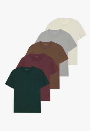 Five crew neck t-shirts in various colors: dark green, burgundy, brown, light gray, and cream; all feature short sleeves and a smooth texture.