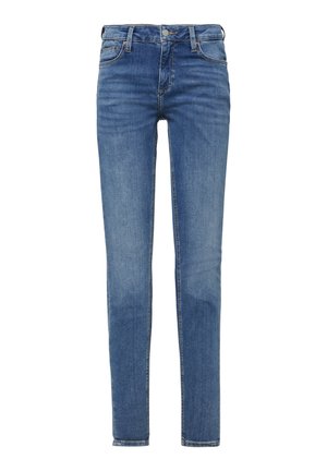 Blaue Jeans aus Denim mit slim fit, ausgestattet mit einem Reißverschluss, fünf Taschen und leichtem Verblassen für ein abgetragenes Aussehen. Keine sichtbaren Verzierungen.