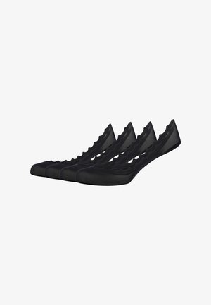 Fire par sorte balletflade sko med bølgede kanter, arrangeret i en udsvajet række på en hvid baggrund.