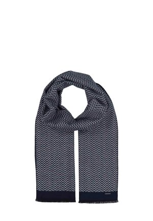 Sciarpa navy con motivo a spina di pesce grigia, rifinita con bordi sfilacciati e un bordo solido blu scuro alle estremità. Texture morbida.