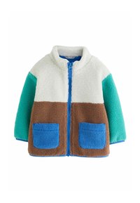 Giacca in pile con parte superiore bianca, parte inferiore marrone e maniche turchesi. Presenta cerniere blu e dettagli sulle tasche. Tessuto morbido e strutturato.