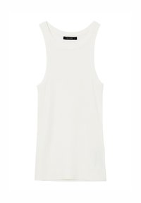 Débardeur blanc sans manches, fabriqué dans un tissu doux et côtelé. Il présente un col rond et un ourlet droit. Pas de motifs ou d'accents visibles.