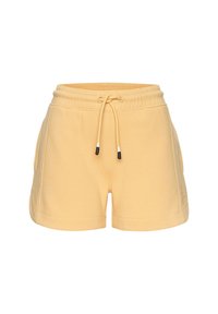 Gelbe Baumwollshorts mit elastischem Bund, Kordelzug, Seitentaschen und gesticktem Logodetail an einem Bein.