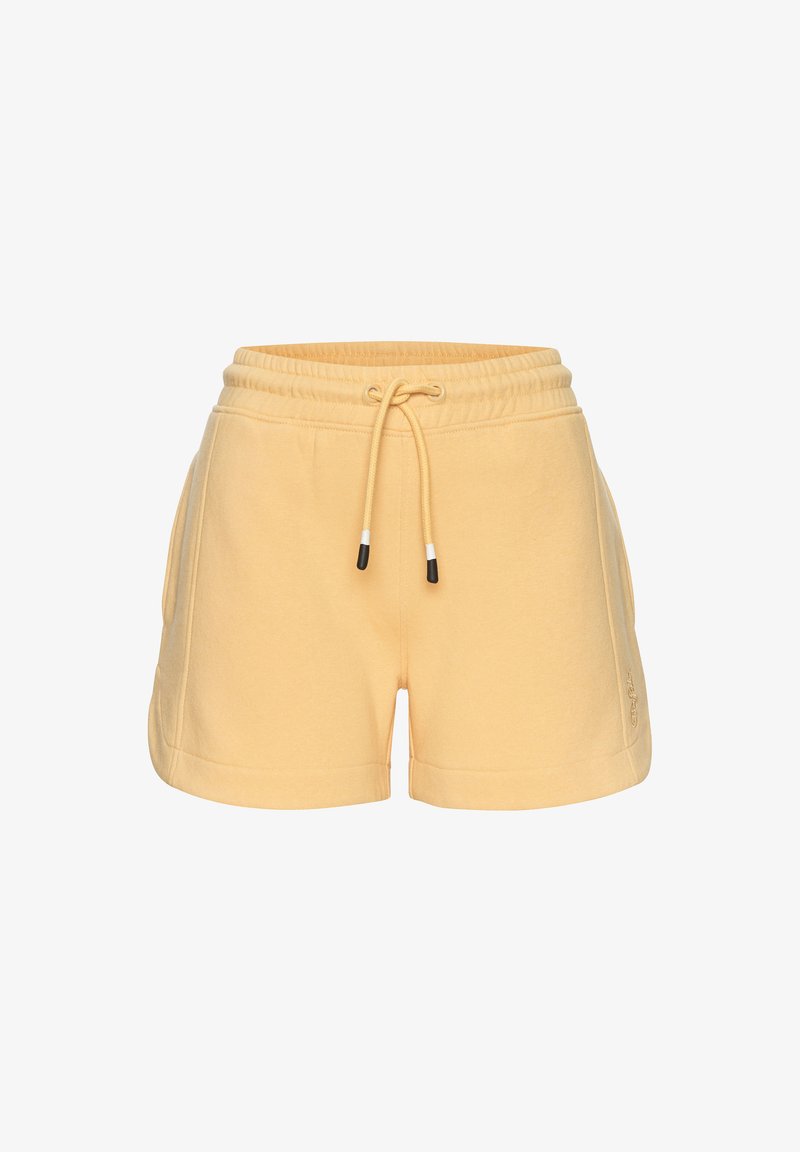 Gelbe Baumwollshorts mit elastischem Bund, Kordelzug, Seitentaschen und gesticktem Logodetail an einem Bein.