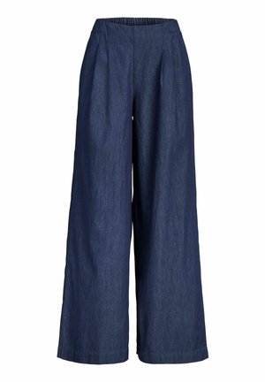 Sötétkék, széles szárú lenkeverék nadrág rugalmas derékpánttal és finom redőkkel elöl.
