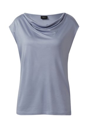 Lichtblauwe mouwloze blouse met gedrapeerde col en zachte, gladde stof.