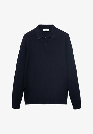 Marinblå långärmad polo med strukturerad tyg, klassisk krage, treknäppning och ribbade manschetter.