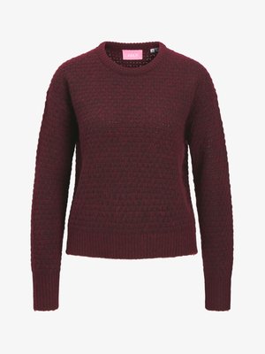 Burgundy knit sweater with a textured pattern, round neck, and long sleeves. Ribbed cuffs and hem. Label visible at the neckline.
