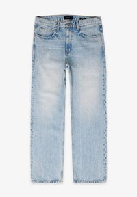 Ljust blå denimjeans med rak bendesign, fem fickor och subtilt blekt mönster. Har en standard knap- och dragkedjestängning.