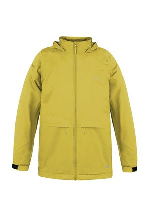 Gelbe wasserdichte Jacke mit einem Reißverschluss vorne, gefütterter Kapuze und elastischen Bündchen. Verfügt über ein subtiles Logo auf der Brust und ein gerades Design.