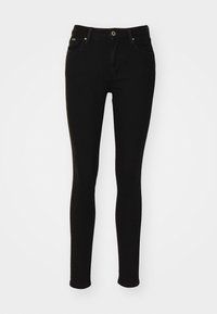 Jeans skinny neri in denim, con vita regolare, cinque tasche e un'unica chiusura a bottone con cerniera, texture liscia.