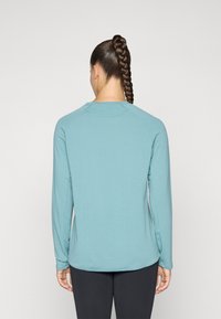 Hellblaues Langarmhemd mit strukturiertem Muster, Rundhalsausschnitt und Raglansleeves. Taillierte Passform und gerader Saum an der Taille.