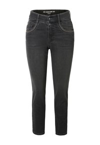 Jeans de mezclilla negra con un corte ajustado, que cuentan con dos bolsillos frontales, costuras en contraste y un cierre de botón estándar en la cintura.