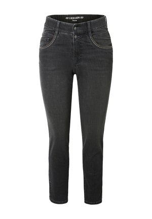 Jeans in denim nero con una vestibilità slim, dotati di due tasche frontali, cuciture a contrasto e un bottone di chiusura standard in vita.