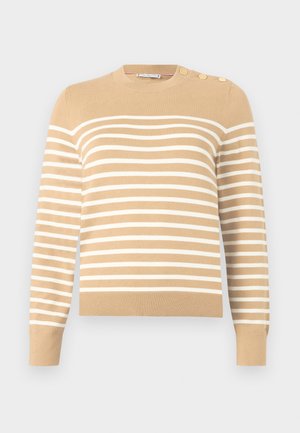 Krémszínű csíkos pulóver, fehér vízszintes csíkokkal, kerek nyakkal, bordás aljjal és mandzsettával, három arany gombbal a vállán.