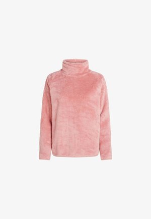 Ružičasti flis turtleneck pulover z značilno mehko teksturo, dolgimi rokavi in sproščenim krojem. Tkanina ima puhast videz in minimalno šivanje.