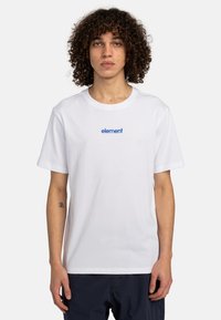White cotton t-shirt featuring short sleeves and a crew neck, with a small blue "element" logo centered on the chest.
