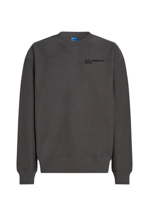 Gray sweatshirt made of soft fabric, featuring a crew neck, long sleeves, ribbed cuffs, and a small black logo on the chest.