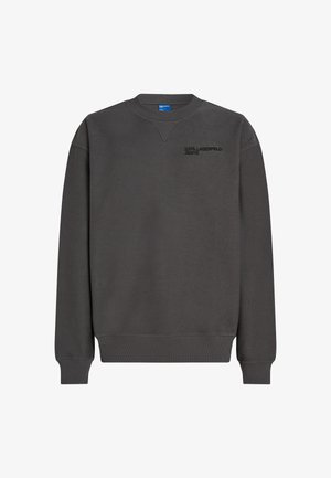 Gray sweatshirt made of soft fabric, featuring a crew neck, long sleeves, ribbed cuffs, and a small black logo on the chest.