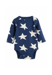 Bodysuit bleu marine à manches longues avec un motif d'étoiles blanches, présentant une texture côtelée, des fermetures à pression en bas et un col rond.