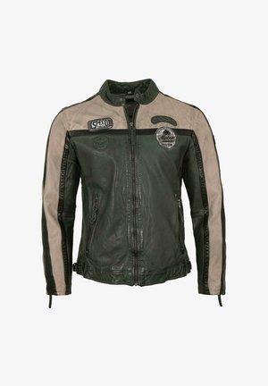 Leder-Motorradjacke mit dunkelgrünen und hellbeigen Einsätzen, Reißverschlusstaschen, bestickten Patches und einem Druckknopfkragen.