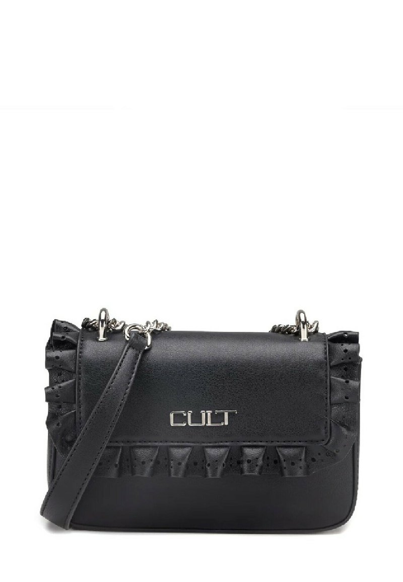 Borsa a tracolla nera in ecopelle con dettagli arricciati e hardware in tonalità argentata. Presenta una tracolla a catena e un logo brandizzato.