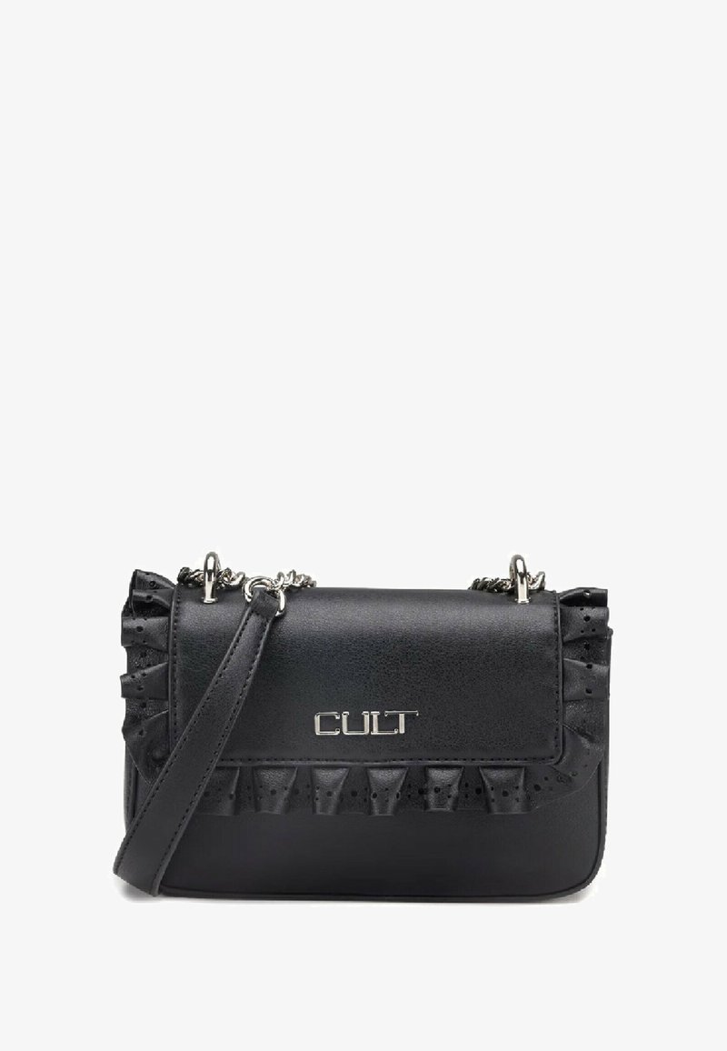 Borsa a tracolla nera in ecopelle con dettagli arricciati e hardware in tonalità argentata. Presenta una tracolla a catena e un logo brandizzato.