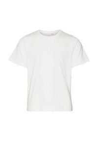 Camiseta de algodón blanca con mangas cortas, cuello redondo y un bolsillo con sutiles detalles texturizados en el lado izquierdo.