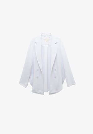 Weißes Doppelreiher-Blazer mit lockerer Passform, ausgestattet mit einem Schalkragen und weichem Stoff. Lange Ärmel mit glatter Textur und ohne sichtbare Muster.