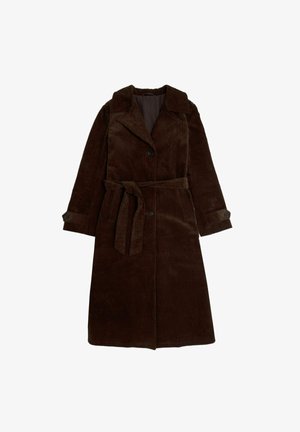 Brauner Cordmantel mit Reverskragen, Frontknöpfen und Taillengürtel. Mit langen Ärmeln mit geknöpften Manschetten und gerader Silhouette.