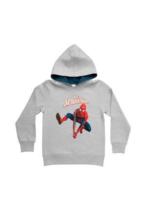 Light gray children's hoodie with Spider-Man graphic and text, showing Spider-Man in a crouching pose shooting web.