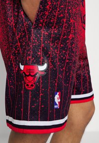 Shorts de basket rouge et noir avec des rayures verticales, arborant un logo des Bulls bien en vue et un emblème NBA, avec des détails en blanc et noir.