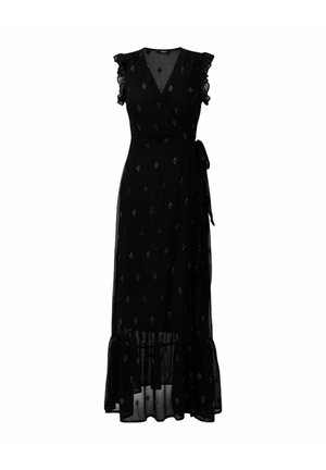 Zwarte mouwloze wikkeljurk met diepe V-hals, gerimpelde kapmouwen, klein goudkleurig stippenpatroon, zijstrik en doorschijnende gerimpelde zoom.
