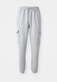 Grey sweatpants made of soft fabric, featuring an elastic waistband with drawstring, two side cargo pockets, and tapered cuffs.