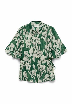 Blouse verte à manches courtes avec imprimé floral blanc, col à revers, fermeture boutonnée à l'avant et taille ajustable avec cordon de serrage.