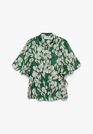 Blusa verde a maniche corte con stampa floreale bianca, collo con risvolto, apertura frontale con bottoni e vita regolabile con coulisse.
