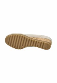 Suola in gomma tan con scanalature testurizzate, tomaia beige chiaro, sottili accenti in sughero e logo impresso, che mettono in risalto il suo design e materiale.