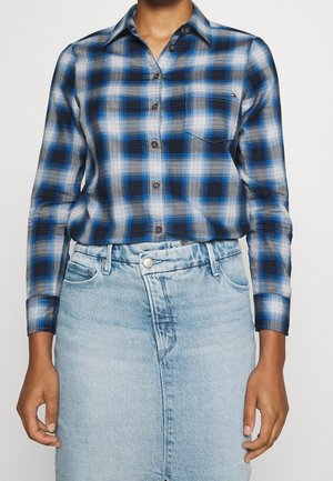 Osoba ubrana w niebieską, czarno-białą koszulę w kratę zapinaną na guziki, wpuszczoną w jasnoniebieską spódnicę dżinsową z przednimi kieszeniami i zapięciem na guziki.