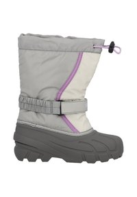 Grå og off-white vinterstøvel med gummisåle, elastisk bånd og lilla detaljstikninger. Har en strammet topp og justerbar lukking.