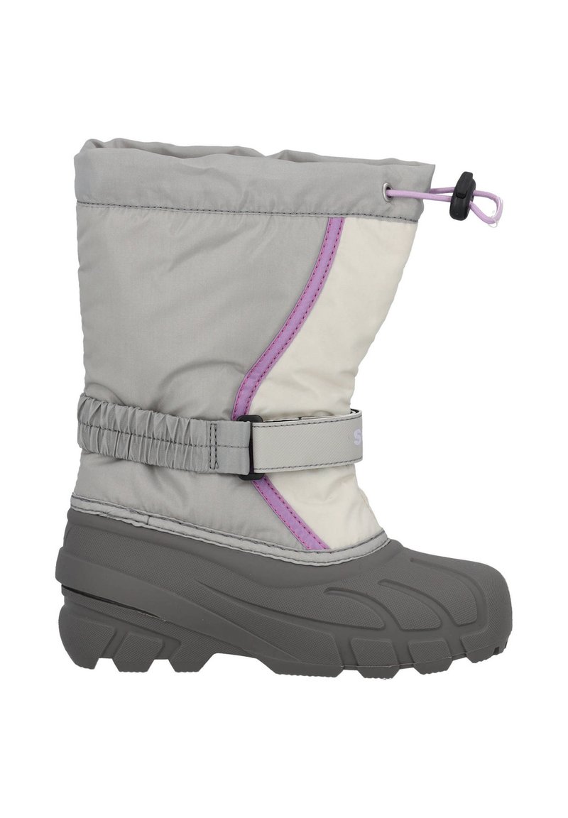 Grauer und cremefarbener Winterstiefel mit Gummisohle, elastischem Band und lila Akzentstichen. Verfügt über einen gerafften oberen Rand und eine verstellbare Verschlusslösung.