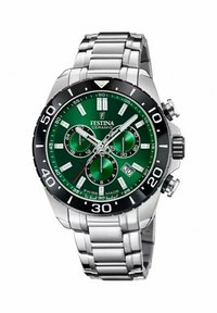 Orologio in acciaio inossidabile argentato con quadrante ceramico verde, tre subquadranti, lunetta nera e indici delle ore bianchi. Presenta una finestra della data alle 6.