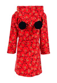 Accappatoio in pile rosso con cappuccio, caratterizzato da accenti neri a forma di orecchie, un motivo di figure di Topolino dorate e luci di Natale colorate. Include maniche lunghe.