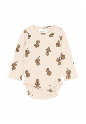 Body niemowlęce z długim rękawem w miękkim, kremowym, prążkowanym materiale, zdobione powtarzającym się wzorem misia z kokardkami. Zapięcie na napy w dolnej części.