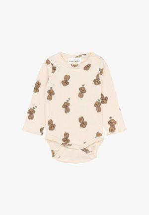 Pikad varrukad beebibodysuit pehmest kooritud kangast, millel on korduv teddy karude print koos paeltega. Allosas nuppudega sulgemine.