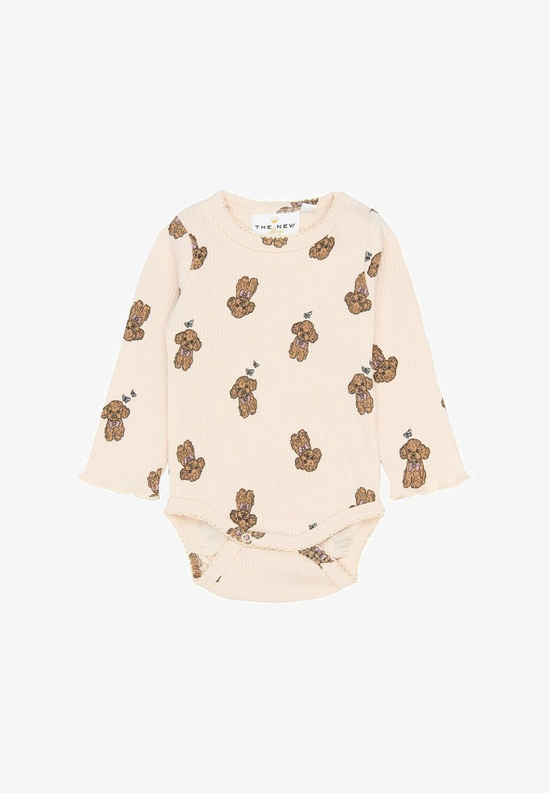 Pikad varrukad beebibodysuit pehmest kooritud kangast, millel on korduv teddy karude print koos paeltega. Allosas nuppudega sulgemine.