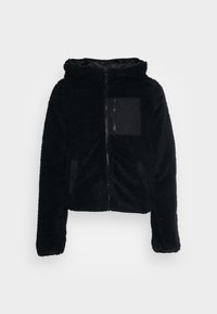 Giacca in pile nera con cappuccio, dotata di zip sul davanti, polsini elastici e tasca sul petto. Tessuto morbido e design corto.