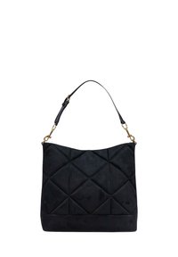 Black quilted suede handbag with a rounded top, flat bottom, and a short leather strap featuring gold hardware accents.