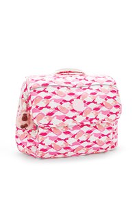 Zaino rosa e bianco con motivo a nuvole, dotato di maniglia superiore, chiusura con flap e un portachiavi a forma di scimmia. Texture del tessuto durevole.